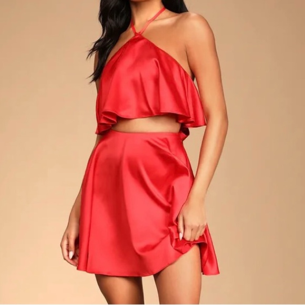 Lulus For The Twirls Red Satin Tie-Back Two-Piece Skater Mini Dress